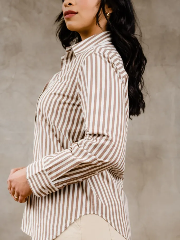 Women Able Sophia Button Down Shirt Brown Cabana Stripe Tops