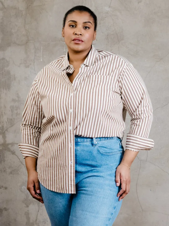 Women Able Sophia Button Down Shirt Brown Cabana Stripe Tops