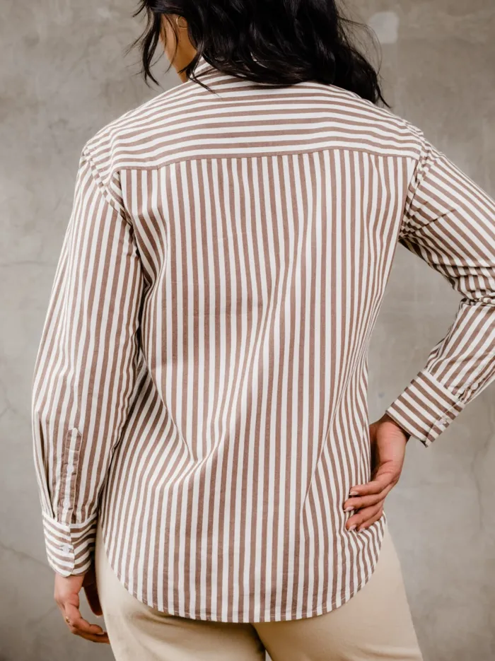 Women Able Sophia Button Down Shirt Brown Cabana Stripe Tops