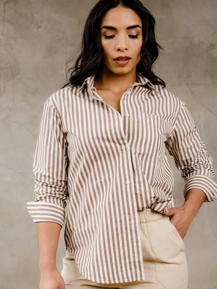 Women Able Sophia Button Down Shirt Brown Cabana Stripe Tops