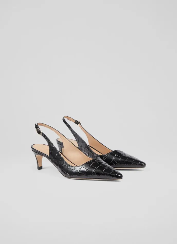 Women Alyssa Black CrocEffect Leather Kitten Heel Slingbacks Black LKBennett Court Shoes