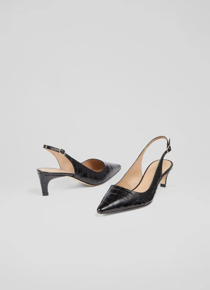 Women Alyssa Black CrocEffect Leather Kitten Heel Slingbacks Black LKBennett Court Shoes