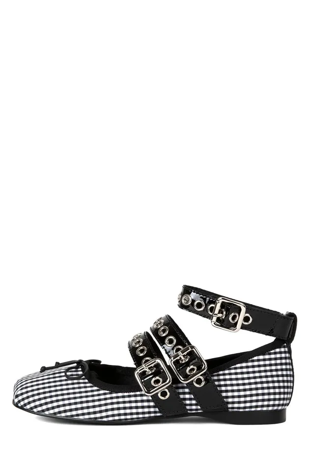 Women Ballet Flats Jeffrey Campbell RINA White Gingham Black Patent