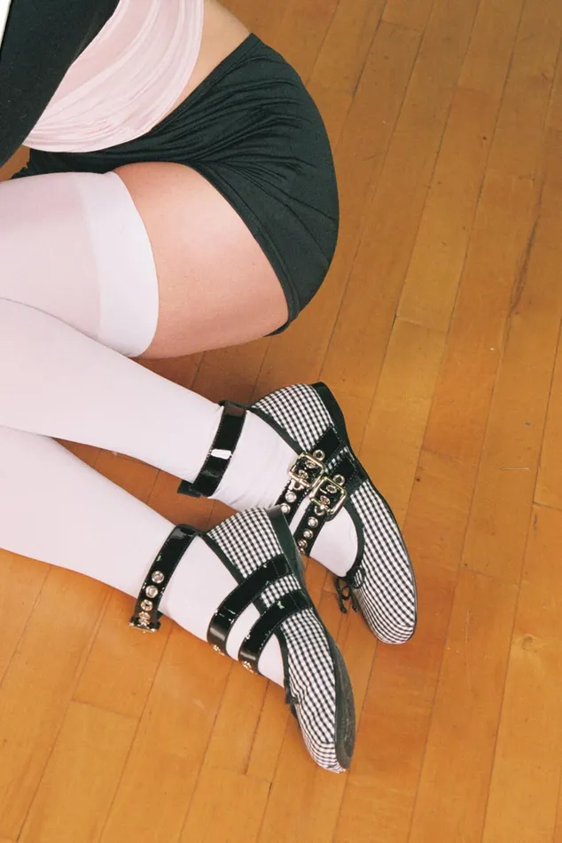 Women Ballet Flats Jeffrey Campbell RINA White Gingham Black Patent