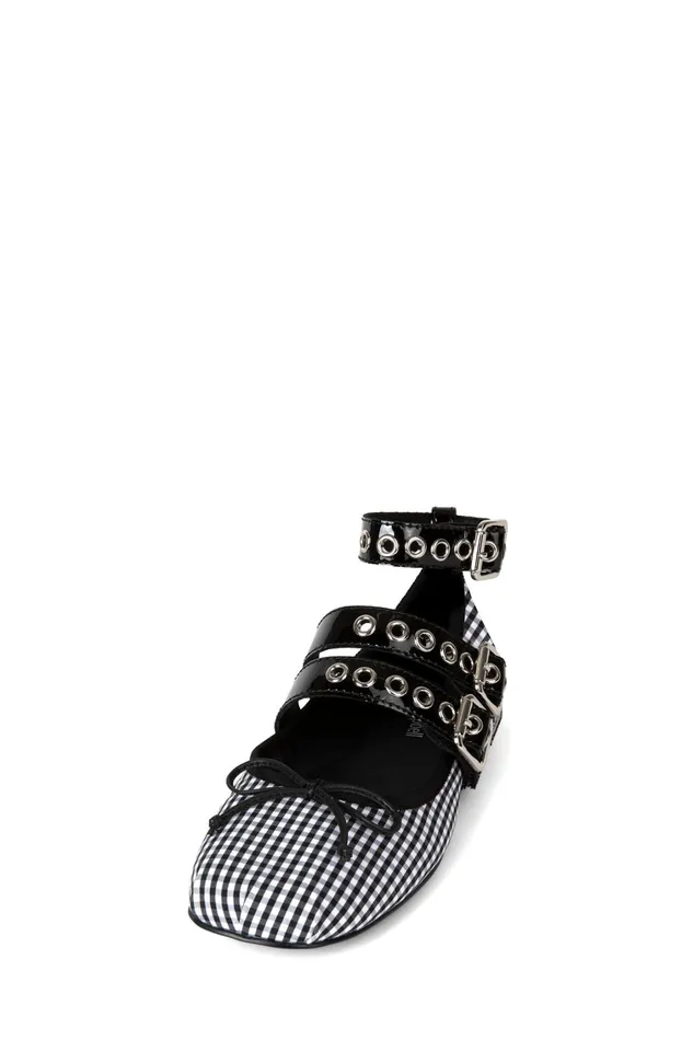 Women Ballet Flats Jeffrey Campbell RINA White Gingham Black Patent