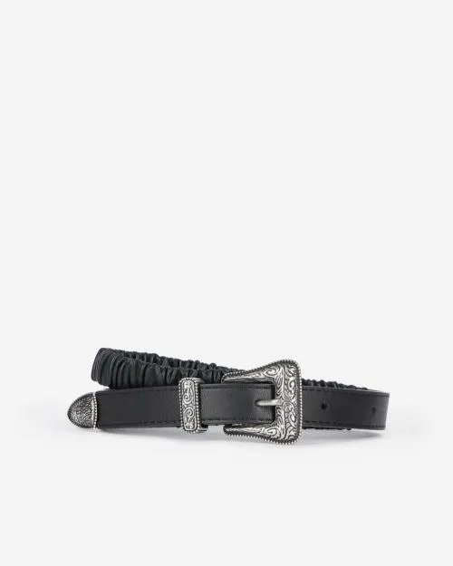 Women Belts The Kooples Black Ruched Leather Thin Belt Black