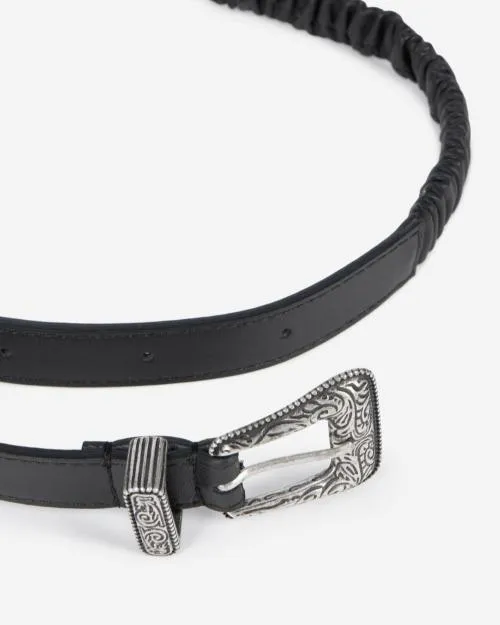 Women Belts The Kooples Black Ruched Leather Thin Belt Black