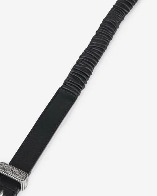 Women Belts The Kooples Black Ruched Leather Thin Belt Black