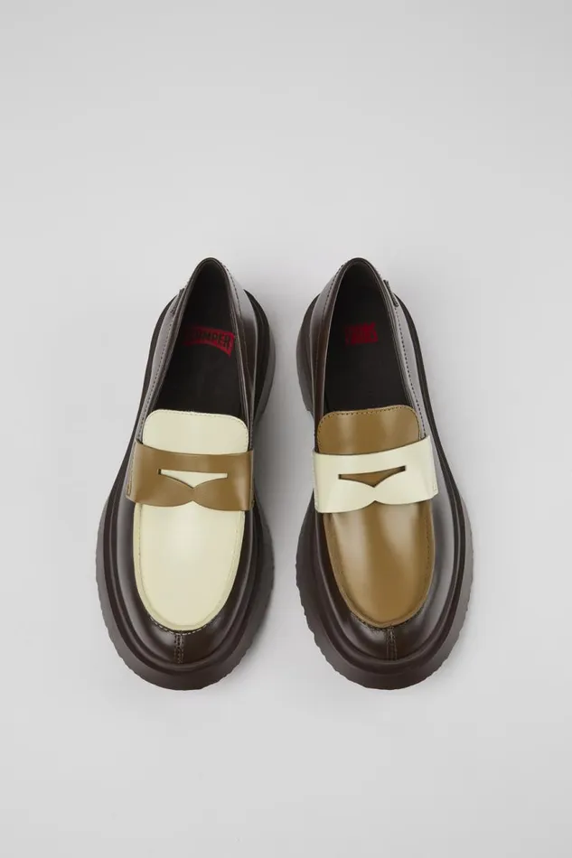 Women Camper Formal Shoes Twins Brown And White Leather Loafers