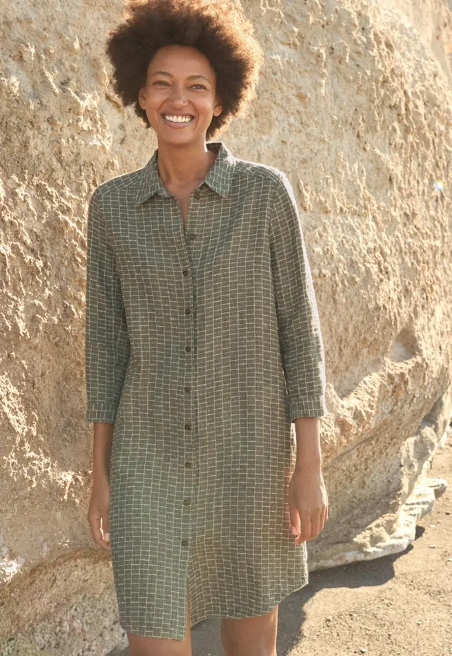 Women Checked Shirtdress Soft Khaki Poetry Fashion Dresses and Skirts