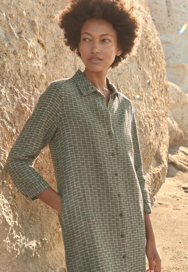 Women Checked Shirtdress Soft Khaki Poetry Fashion Dresses and Skirts