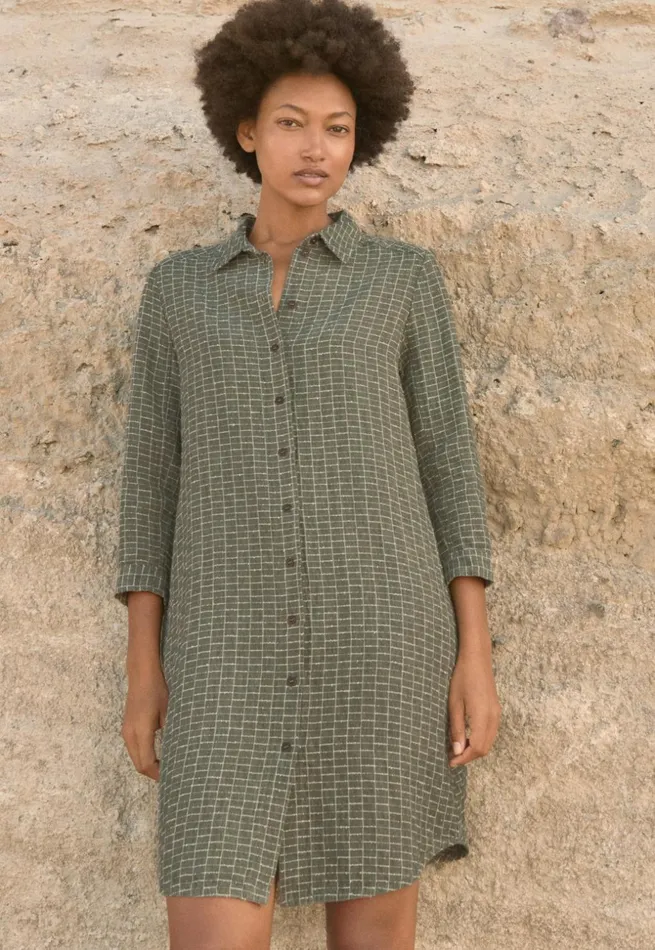 Women Checked Shirtdress Soft Khaki Poetry Fashion Dresses and Skirts