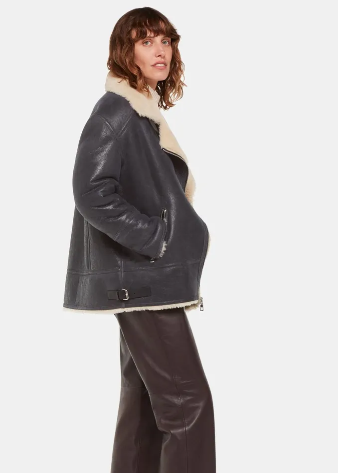 Women Coats and Jackets Whistles Navy Annika Leather Aviator Jacket