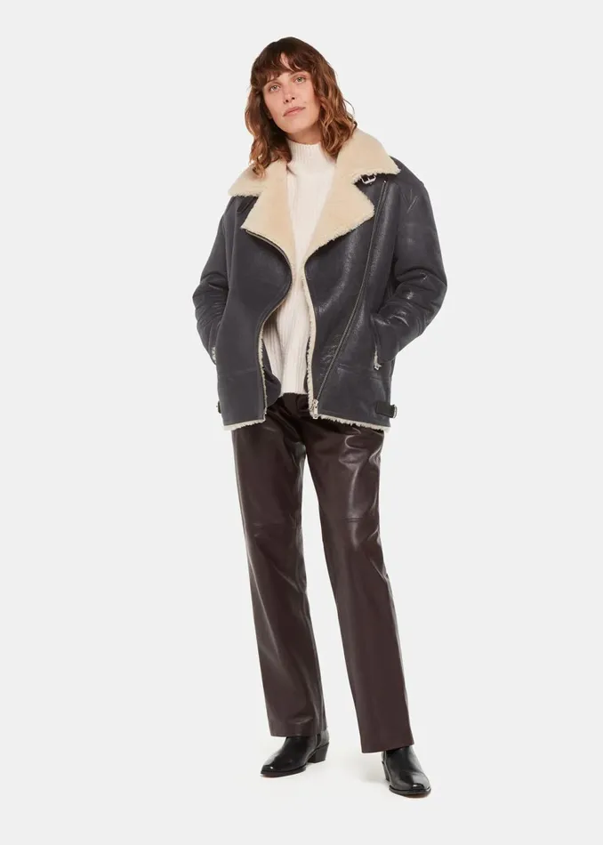 Women Coats and Jackets Whistles Navy Annika Leather Aviator Jacket