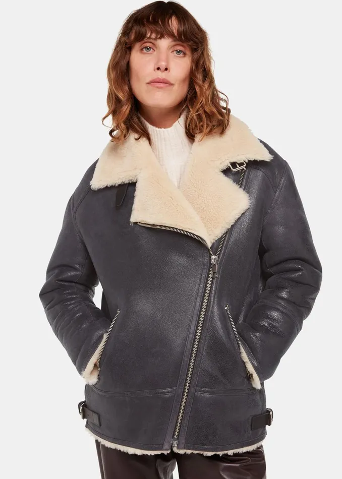 Women Coats and Jackets Whistles Navy Annika Leather Aviator Jacket