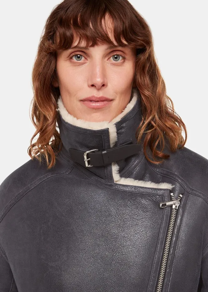 Women Coats and Jackets Whistles Navy Annika Leather Aviator Jacket