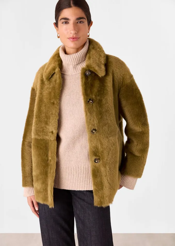 Women Coats and Jackets Whistles Olive Tamina Short Shearling Coat