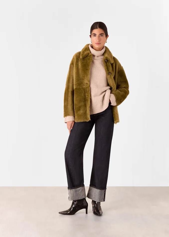 Women Coats and Jackets Whistles Olive Tamina Short Shearling Coat