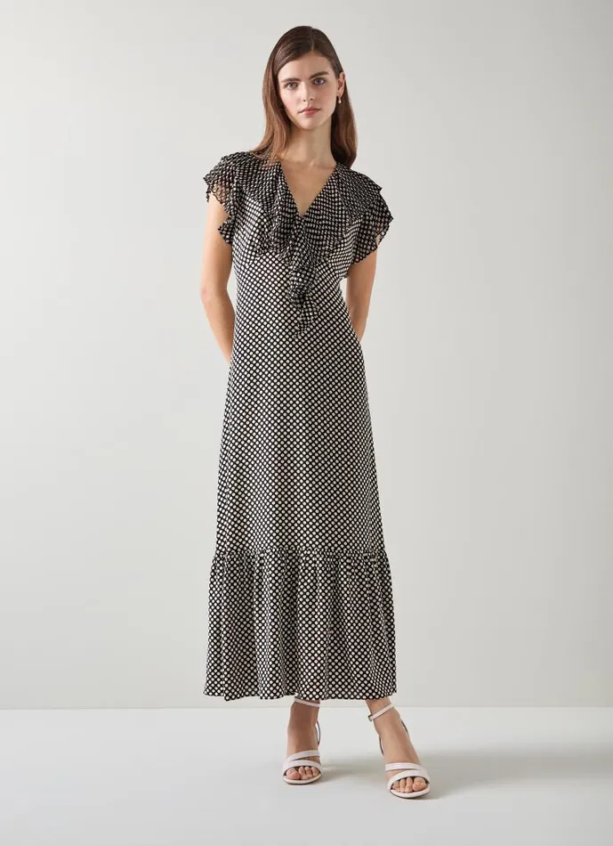 Women Daphne Polka Dot Pleated Dress Black Cream LKBennett Dresses Women Daphne Polka Dot Pleated Dress Black Cream LKBennett Dresses