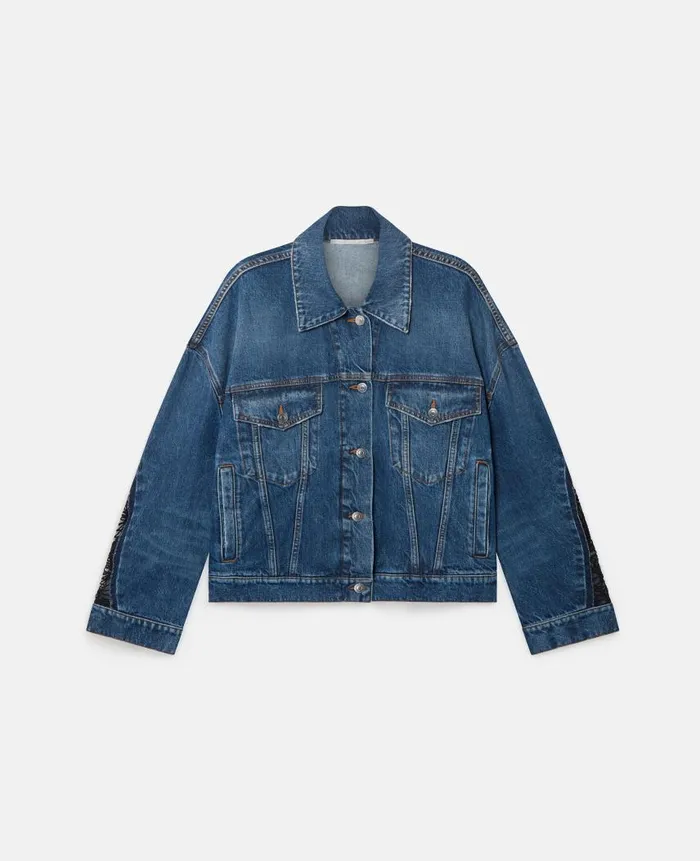 Women Denim Stella McCartney LaceInsert Denim Jacket Vintage Wash Blue Denim