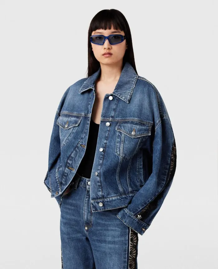 Women Denim Stella McCartney LaceInsert Denim Jacket Vintage Wash Blue Denim