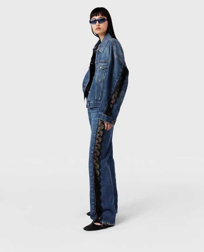 Women Denim Stella McCartney LaceInsert Denim Jacket Vintage Wash Blue Denim