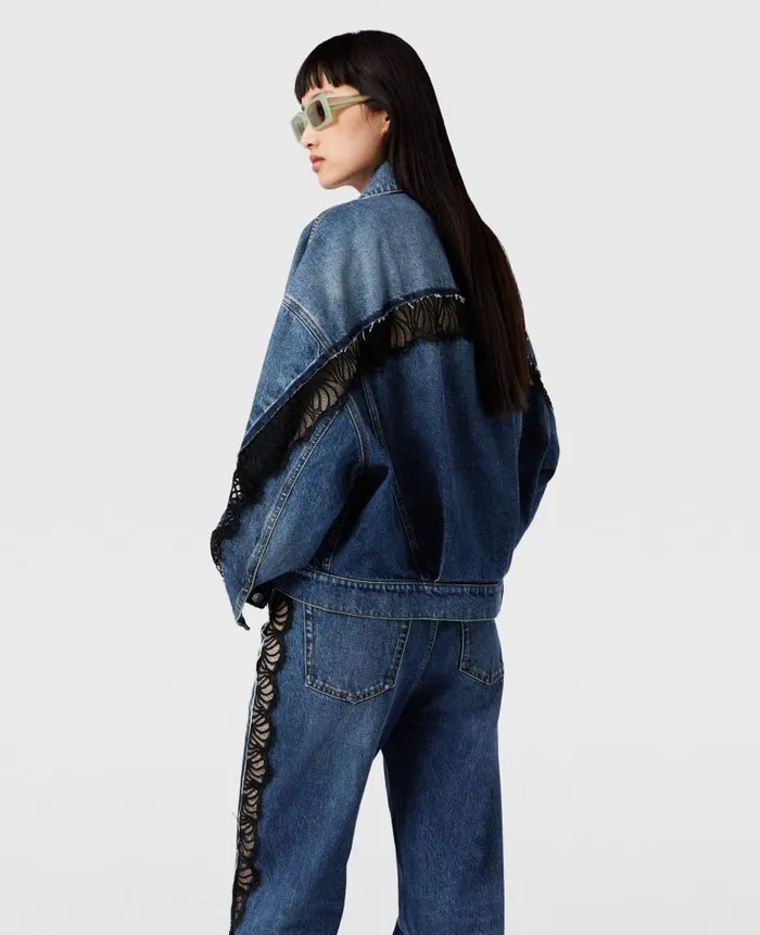 Women Denim Stella McCartney LaceInsert Denim Jacket Vintage Wash Blue Denim