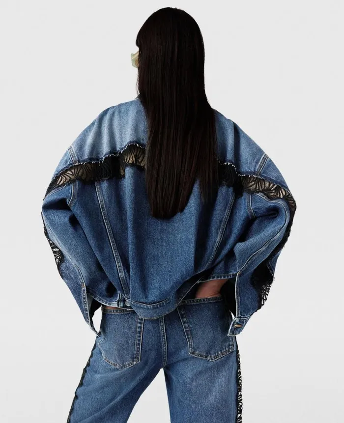Women Denim Stella McCartney LaceInsert Denim Jacket Vintage Wash Blue Denim