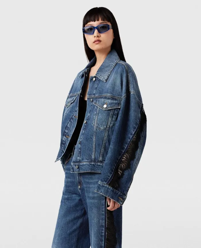 Women Denim Stella McCartney LaceInsert Denim Jacket Vintage Wash Blue Denim