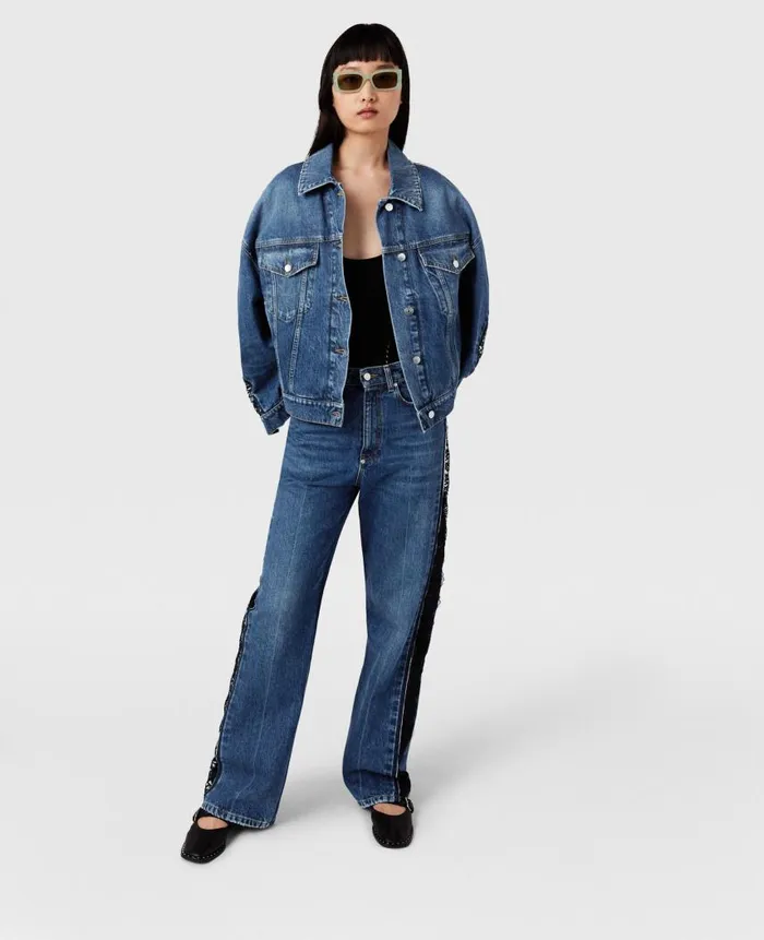 Women Denim Stella McCartney LaceInsert Denim Jacket Vintage Wash Blue Denim