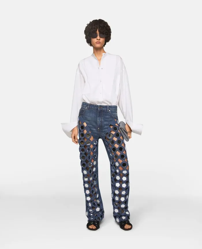 Women Denim Stella McCartney MirrorEmbellished HighRise Denim Jeans Vintage Wash Denim