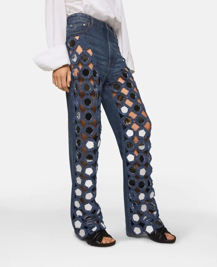 Women Denim Stella McCartney MirrorEmbellished HighRise Denim Jeans Vintage Wash Denim
