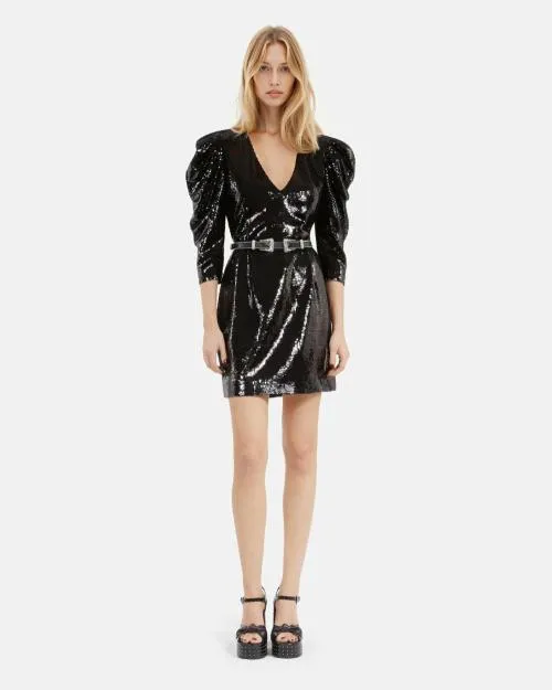 Women Dresses The Kooples Short Black Sequin Dress Black Stone