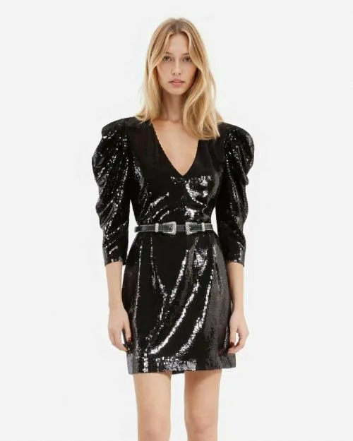 Women Dresses The Kooples Short Black Sequin Dress Black Stone
