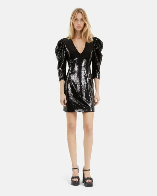 Women Dresses The Kooples Short Black Sequin Dress Black Stone