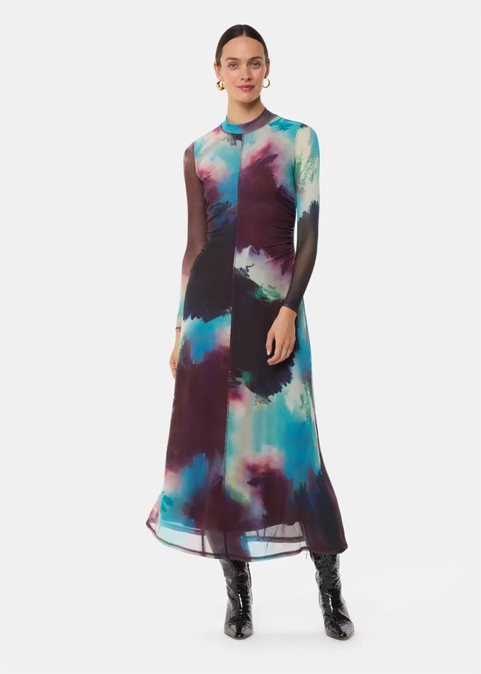 Women Dresses Whistles Multicolour Oil Paint Print Mesh Dress
