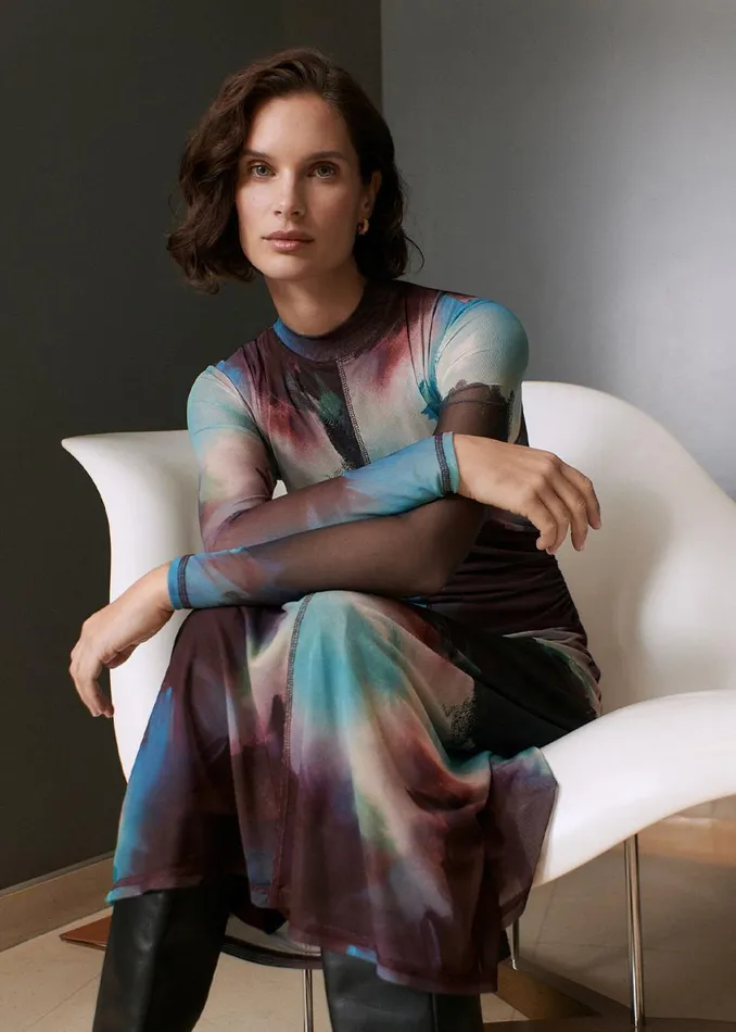 Women Dresses Whistles Multicolour Oil Paint Print Mesh Dress