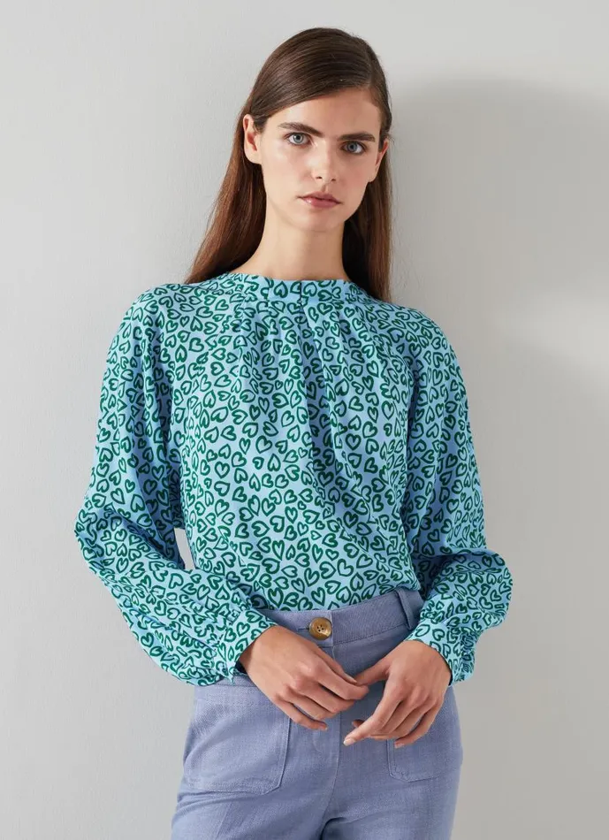 Women Edeline Blue And Green Heart Print Silk Top Green Blue LKBennett Tops