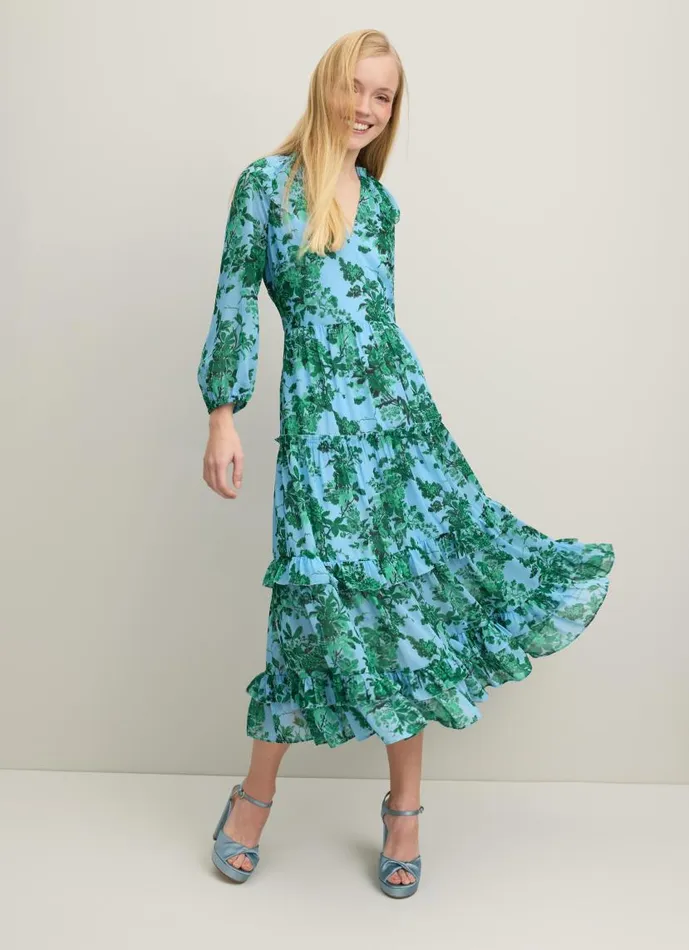 Women Eleanor Neon Garden Print Recycled Polyester Tiered Dress Green Blue LKBennett Dresses