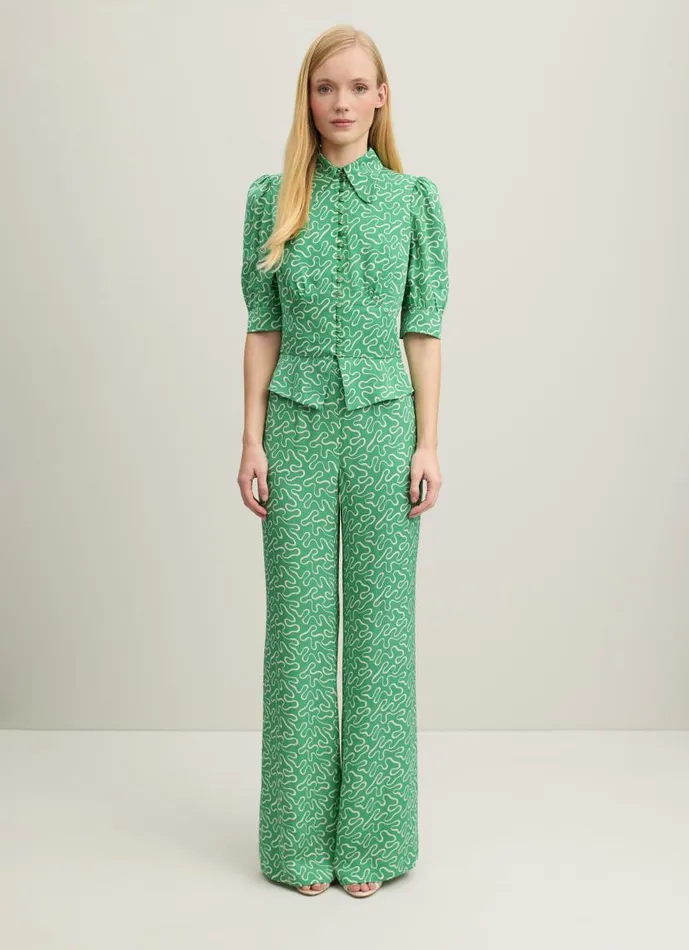 Women Elsie Green And Cream Ribbon Print Blouse Green LKBennett Tops Women Elsie Green And Cream Ribbon Print Blouse Green LKBennett Tops