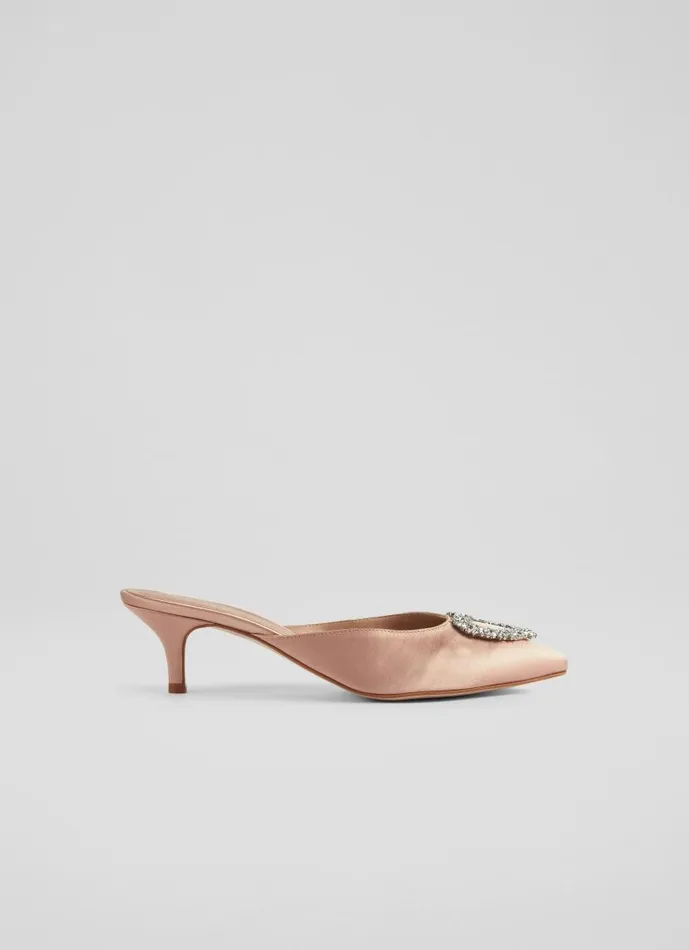Women Estella Beige Satin Heart Brooch Mules Trench LKBennett Court Shoes