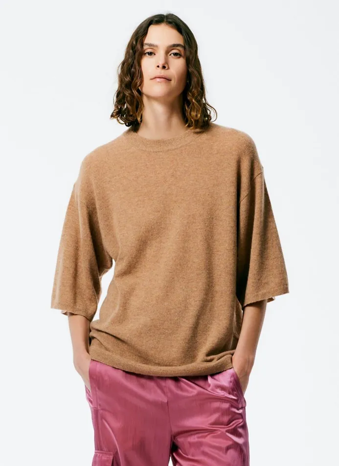 Women Fundamentals Tibi Feather Weight Cashmere Oversized Easy TShirt Sand