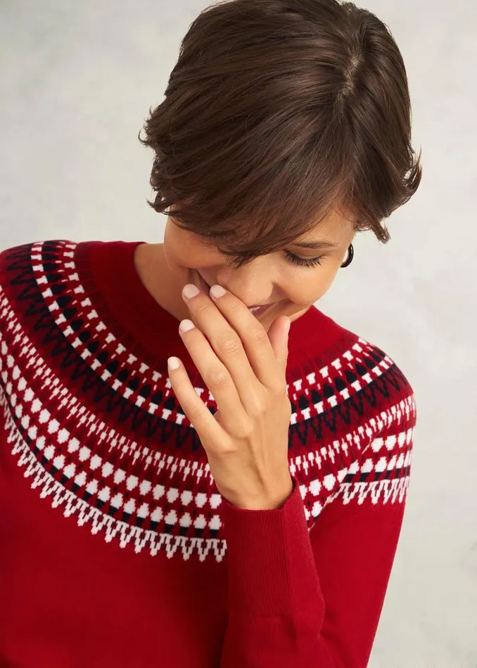 Women Greta Fairisle Jumper With Cashmere Red Multi Hobbs Jumpers and Cardigans