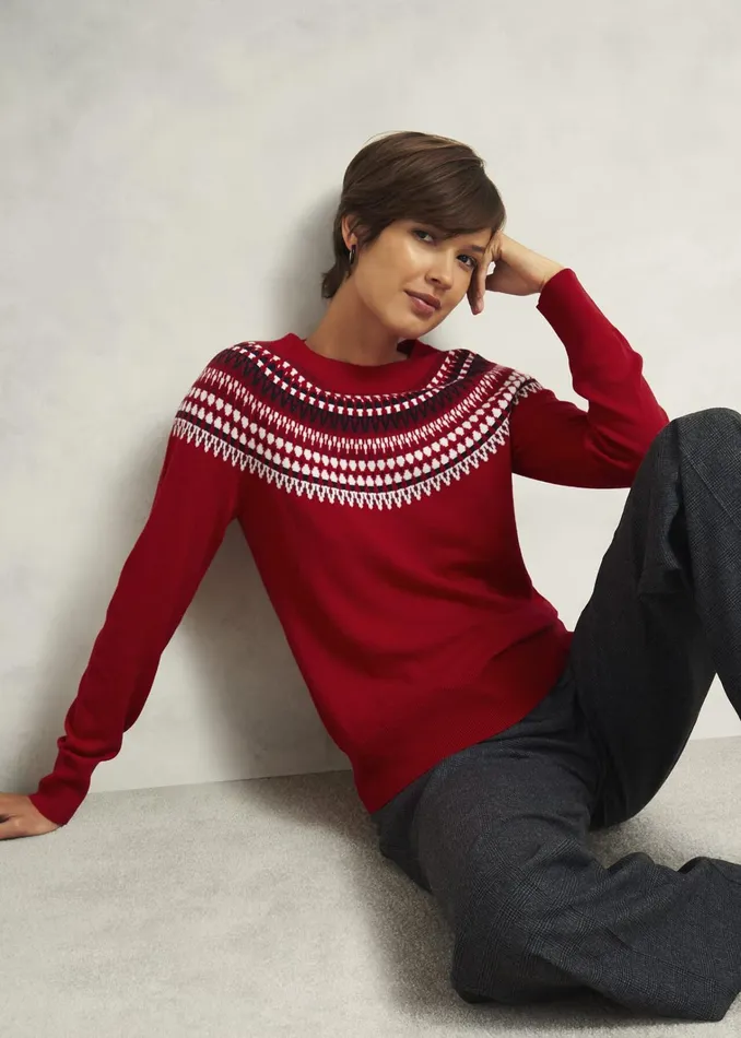 Women Greta Fairisle Jumper With Cashmere Red Multi Hobbs Jumpers and Cardigans