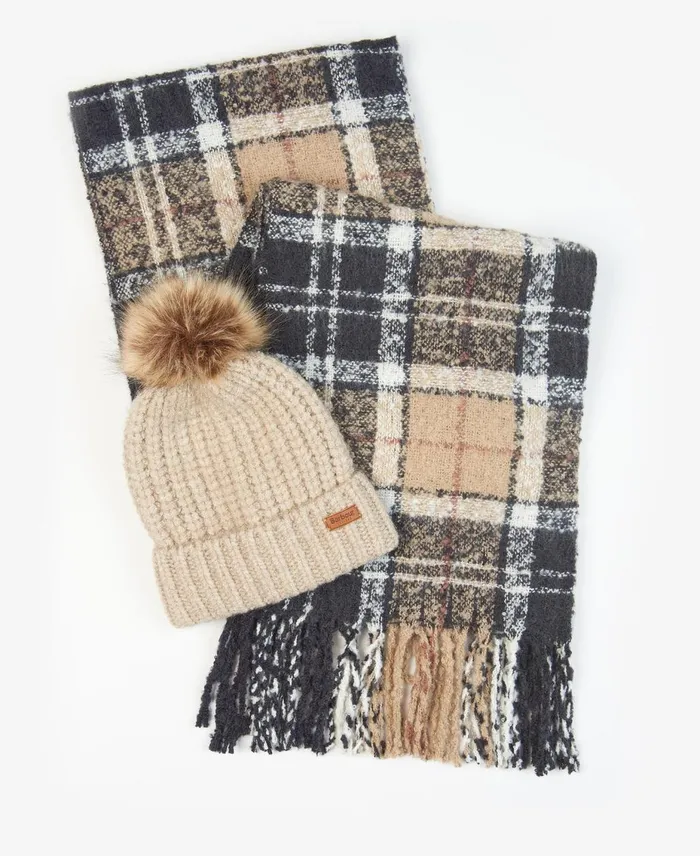 Women Hats Barbour Saltburn Beanie and Tartan Scarf Set Grey Rose
