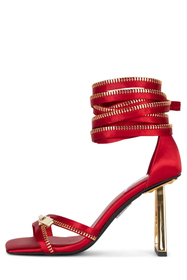 Women Heel Jeffrey Campbell ZIPPEDUP Red Satin Gold