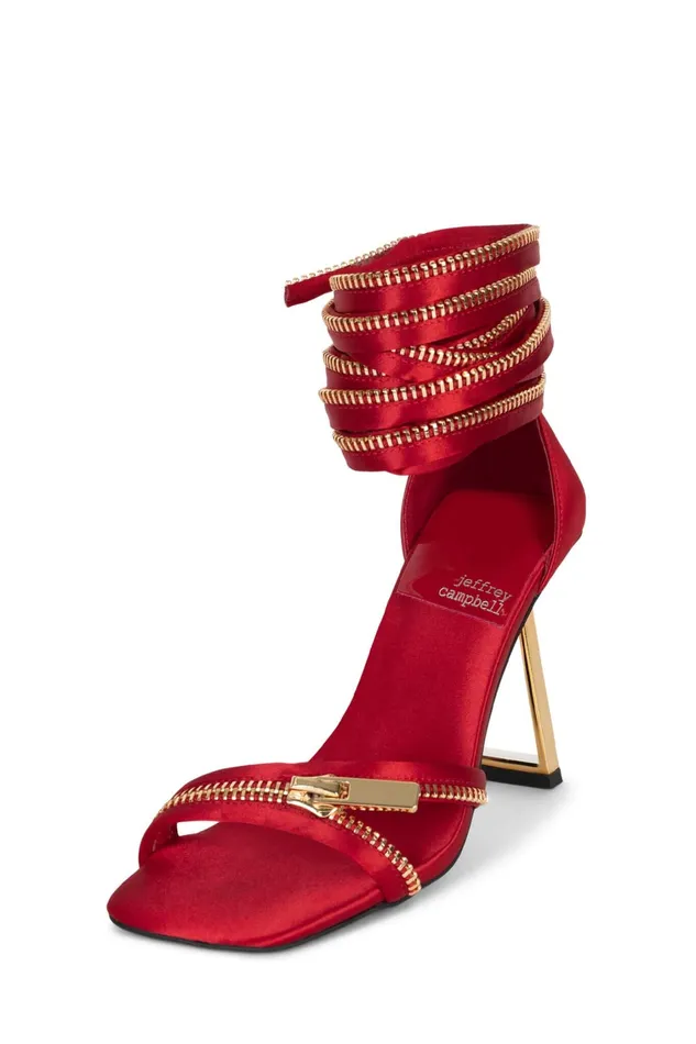 Women Heel Jeffrey Campbell ZIPPEDUP Red Satin Gold