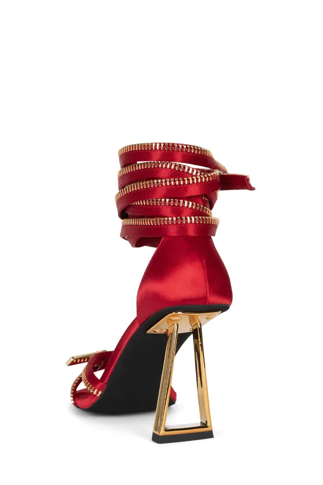 Women Heel Jeffrey Campbell ZIPPEDUP Red Satin Gold