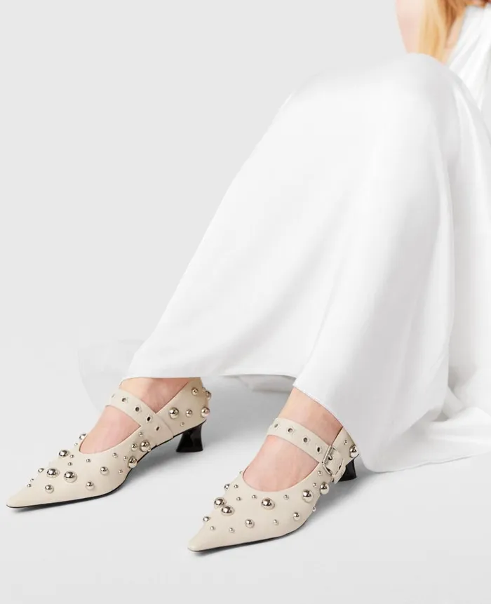 Women Heels Stella McCartney Elsa Studded Kitten Heels Greggio White