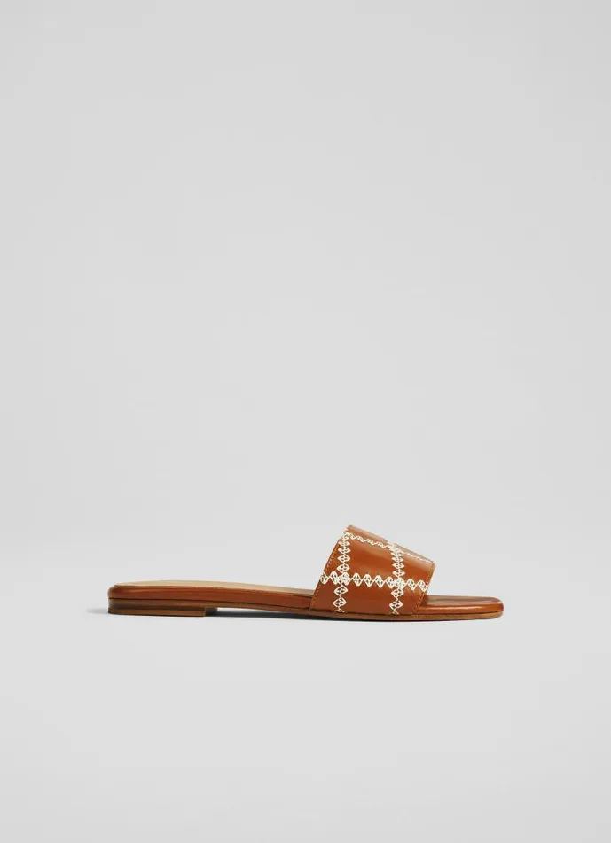 Women Hema Tan Leather Stitch Detail Flat Mules Saddle LKBennett Flats